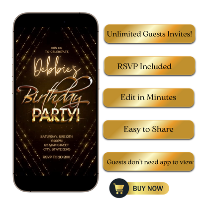 Editable gold glitter any age birthday video invitation displayed on a mobile phone, featuring an animated vertical digital invite with music, created in Canva. This premium video invitation template is designed for sharing by text, email, and social media and works with an interactive RSVP website for easy guest response tracking.