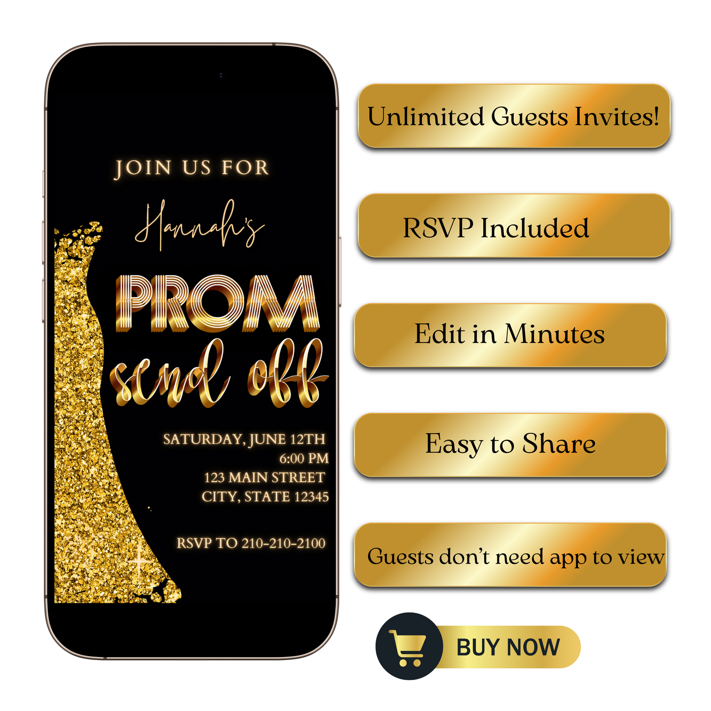 Editable black gold luxury prom send off video invitation displayed on a mobile phone, featuring an animated vertical digital invite with music, created in Canva. This premium video invitation template is designed for sharing by text, email, and social media and works with an interactive RSVP website for easy guest response tracking.