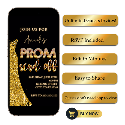 Editable black gold luxury prom send off video invitation displayed on a mobile phone, featuring an animated vertical digital invite with music, created in Canva. This premium video invitation template is designed for sharing by text, email, and social media and works with an interactive RSVP website for easy guest response tracking.