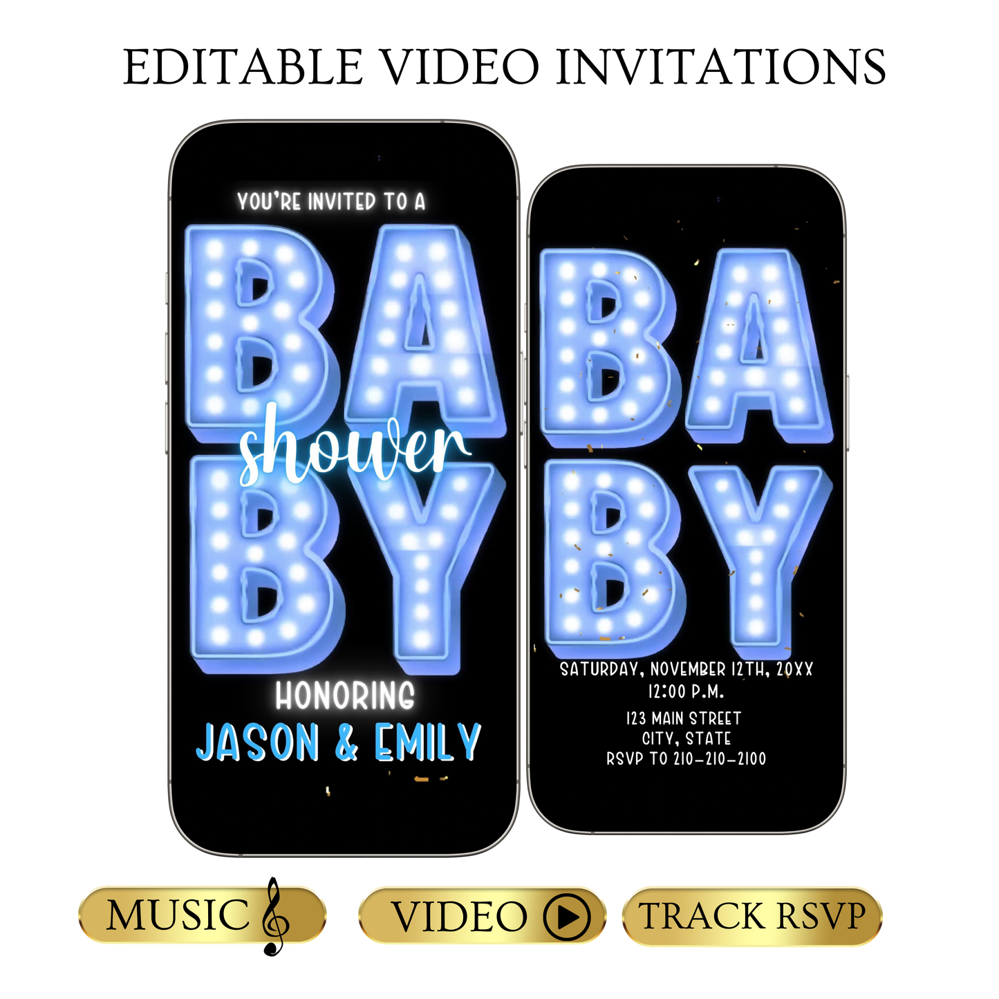Editable blue marquee boy baby shower baby shower video invitation displayed on a mobile phone, featuring an animated vertical digital invite with music, created in Canva. This premium video invitation template is designed for sharing by text, email, and social media and works with an interactive RSVP website for easy guest response tracking.