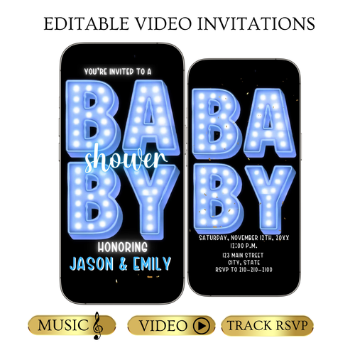 Editable blue marquee boy baby shower baby shower video invitation displayed on a mobile phone, featuring an animated vertical digital invite with music, created in Canva. This premium video invitation template is designed for sharing by text, email, and social media and works with an interactive RSVP website for easy guest response tracking.