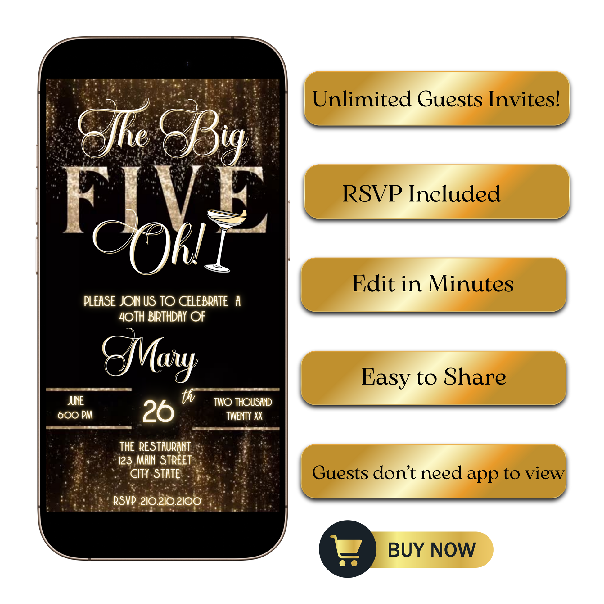 Editable black gold elegant 50th birthday video invitation displayed on a mobile phone, featuring an animated vertical digital invite with music, created in Canva. This premium video invitation template is designed for sharing by text, email, and social media and works with an interactive RSVP website for easy guest response tracking.