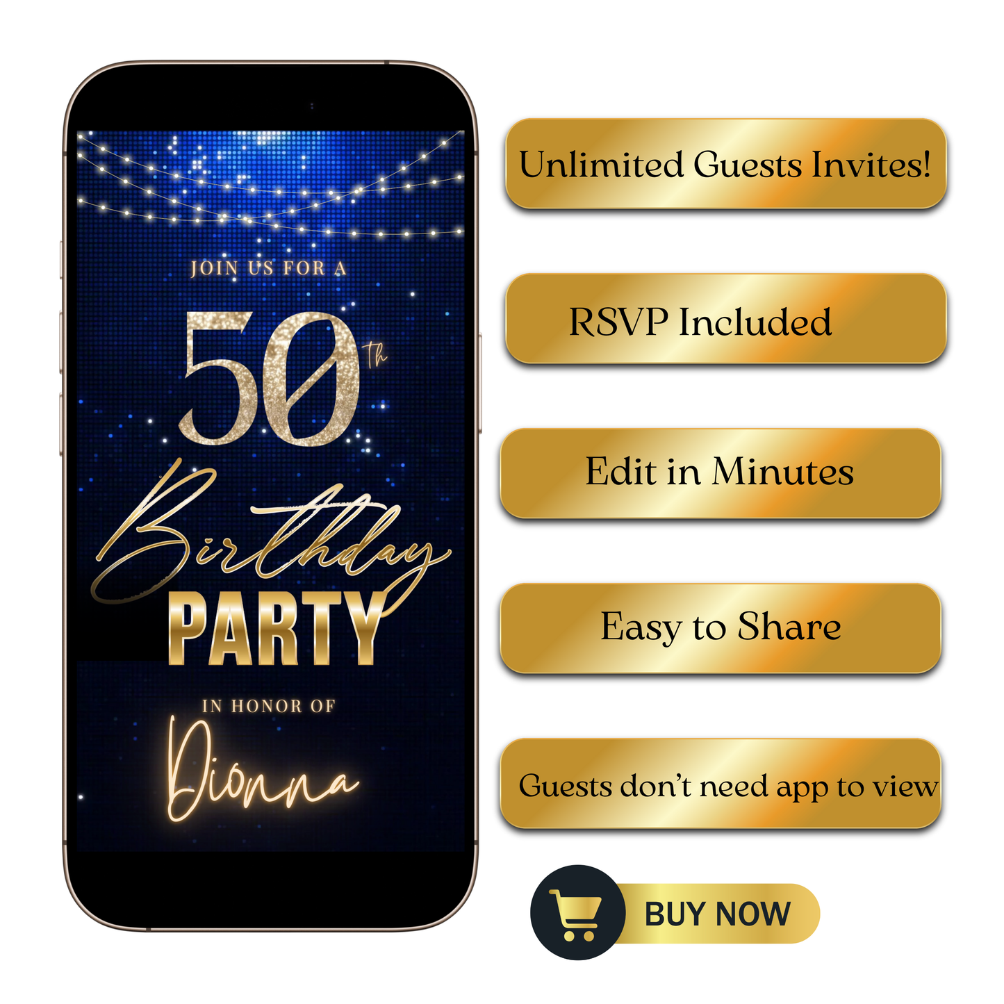 Editable navy blue glitter 50th birthday video invitation displayed on a mobile phone, featuring an animated vertical digital invite with music, created in Canva. This premium video invitation template is designed for sharing by text, email, and social media and works with an interactive RSVP website for easy guest response tracking.