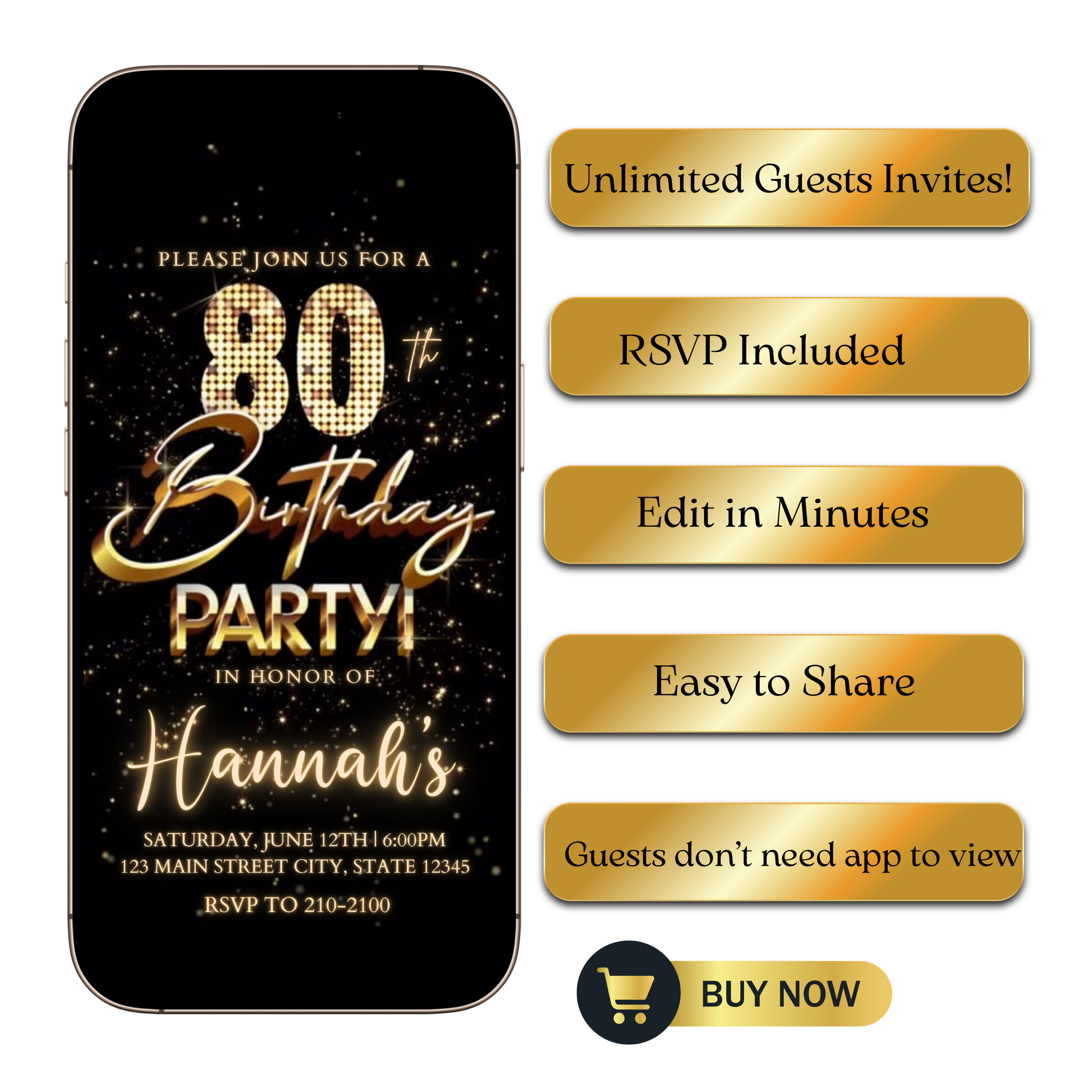 Editable gold fireworks 80th birthday video invitation displayed on a mobile phone, featuring an animated vertical digital invite with music, created in Canva. This premium video invitation template is designed for sharing by text, email, and social media and works with an interactive RSVP website for easy guest response tracking.