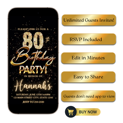 Editable gold fireworks 80th birthday video invitation displayed on a mobile phone, featuring an animated vertical digital invite with music, created in Canva. This premium video invitation template is designed for sharing by text, email, and social media and works with an interactive RSVP website for easy guest response tracking.