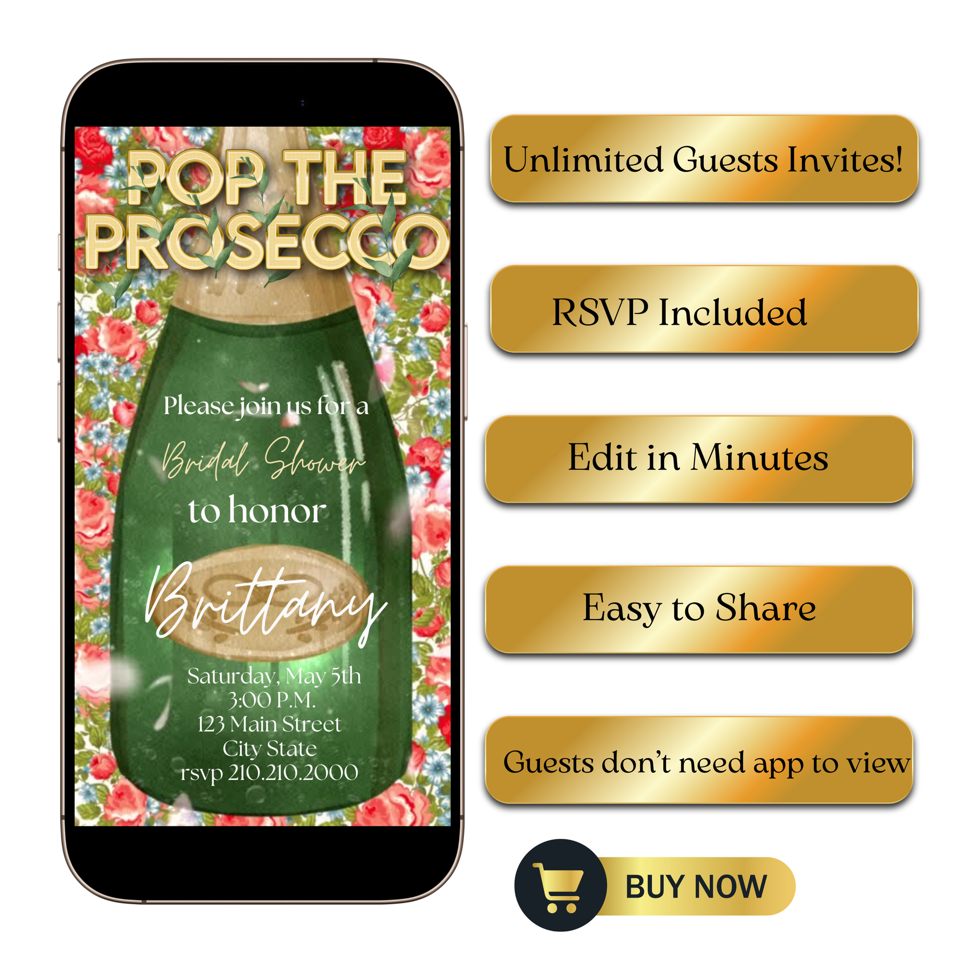 Editable green bottle floral pop the prosecco bridal shower video invitation displayed on a mobile phone, featuring an animated vertical digital invite with music, created in Canva. This premium video invitation template is designed for sharing by text, email, and social media and works with an interactive RSVP website for easy guest response tracking.