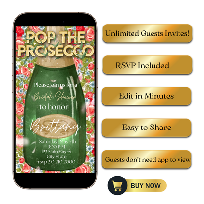 Editable green bottle floral pop the prosecco bridal shower video invitation displayed on a mobile phone, featuring an animated vertical digital invite with music, created in Canva. This premium video invitation template is designed for sharing by text, email, and social media and works with an interactive RSVP website for easy guest response tracking.