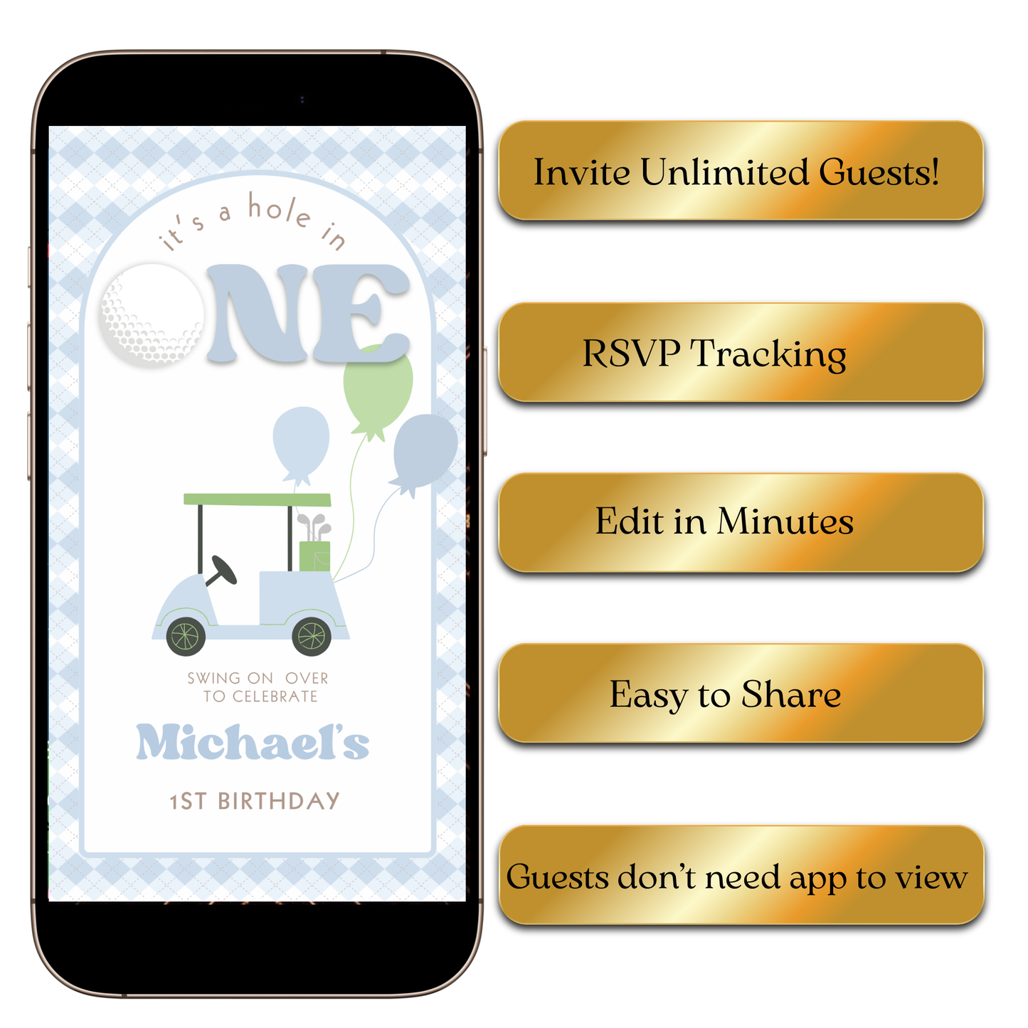 Blue argyle golf cart video invite editable online