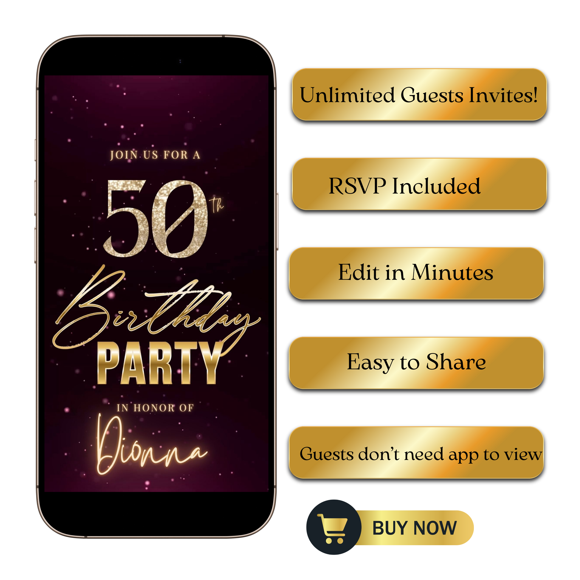 Editable burgundy shimmer 50th birthday video invitation displayed on a mobile phone, featuring an animated vertical digital invite with music, created in Canva. This premium video invitation template is designed for sharing by text, email, and social media and works with an interactive RSVP website for easy guest response tracking.