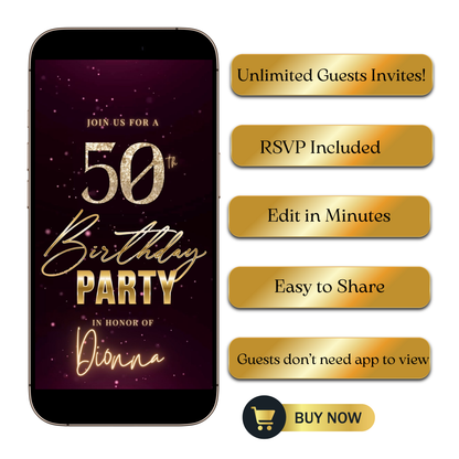 Editable burgundy shimmer 50th birthday video invitation displayed on a mobile phone, featuring an animated vertical digital invite with music, created in Canva. This premium video invitation template is designed for sharing by text, email, and social media and works with an interactive RSVP website for easy guest response tracking.