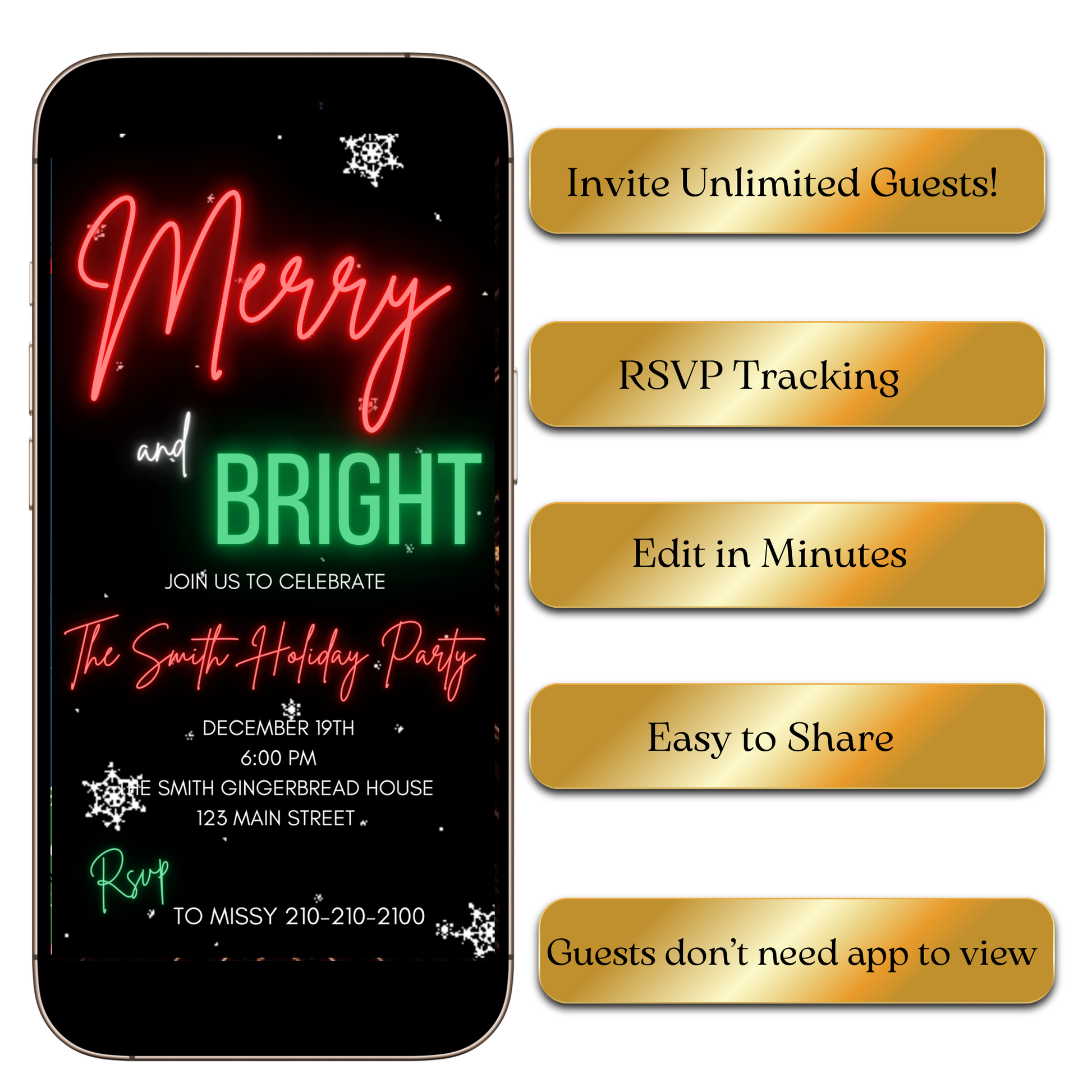 Neon holiday video invitation preview shown on laptop screen