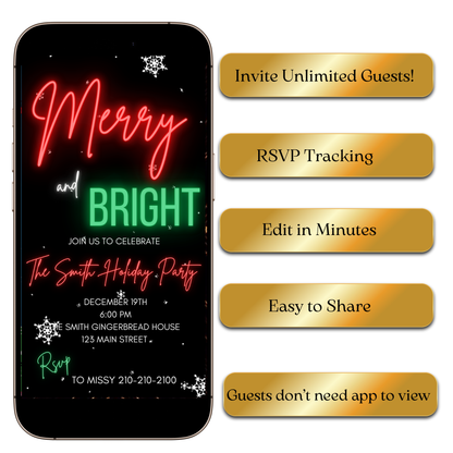 Neon holiday video invitation preview shown on laptop screen