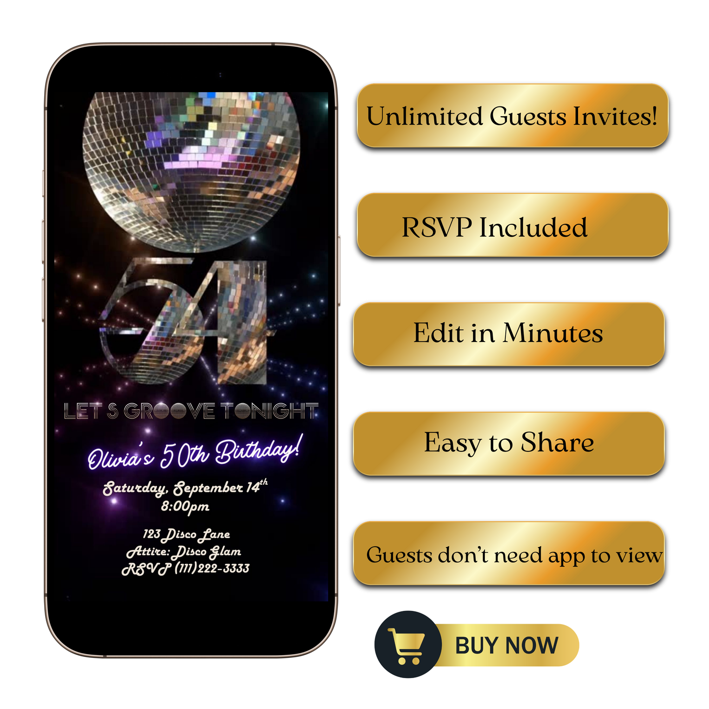 Editable disco mirror 54th birthday party video invitation displayed on a mobile phone, featuring an animated vertical digital invite with music, created in Canva. This premium video invitation template is designed for sharing by text, email, and social media and works with an interactive RSVP website for easy guest response tracking.