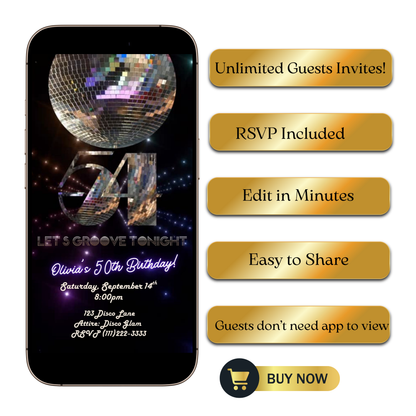 Editable disco mirror 54th birthday party video invitation displayed on a mobile phone, featuring an animated vertical digital invite with music, created in Canva. This premium video invitation template is designed for sharing by text, email, and social media and works with an interactive RSVP website for easy guest response tracking.