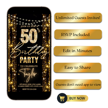 Editable emerald green gold sparkle 50th birthday video invitation displayed on a mobile phone, featuring an animated vertical digital invite with music, created in Canva. This premium video invitation template is designed for sharing by text, email, and social media and works with an interactive RSVP website for easy guest response tracking.