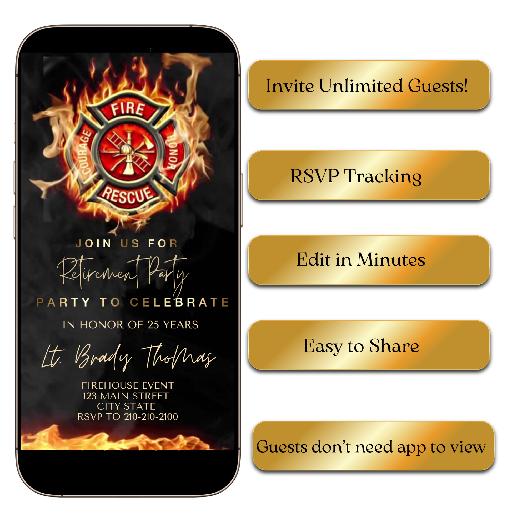 Firefighter-themed retirement party video invite with fire department symbols