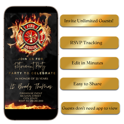 Firefighter-themed retirement party video invite with fire department symbols