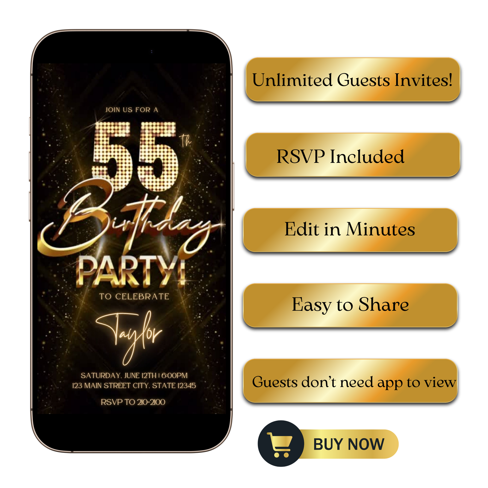 Editable gold glitter 55th birthday party video invitation displayed on a mobile phone, featuring an animated vertical digital invite with music, created in Canva. This premium video invitation template is designed for sharing by text, email, and social media and works with an interactive RSVP website for easy guest response tracking.