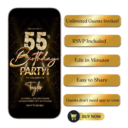Editable gold glitter 55th birthday party video invitation displayed on a mobile phone, featuring an animated vertical digital invite with music, created in Canva. This premium video invitation template is designed for sharing by text, email, and social media and works with an interactive RSVP website for easy guest response tracking.