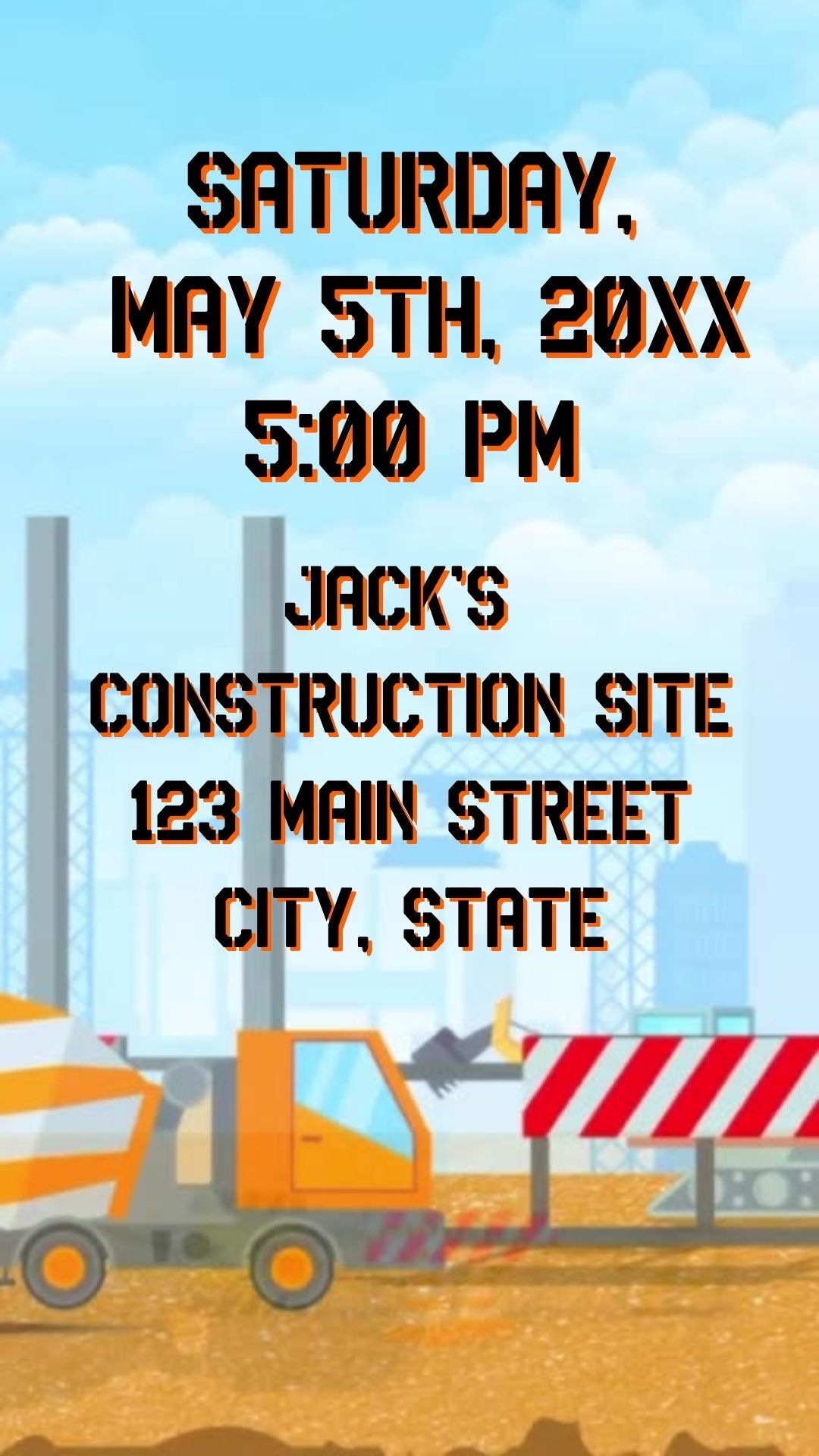 Editable construction theme 4th birthday video invitation displayed on a mobile phone, featuring an animated vertical digital invite with music, created in Canva. This premium video invitation template is designed for sharing by text, email, and social media and works with an interactive RSVP website for easy guest response tracking.