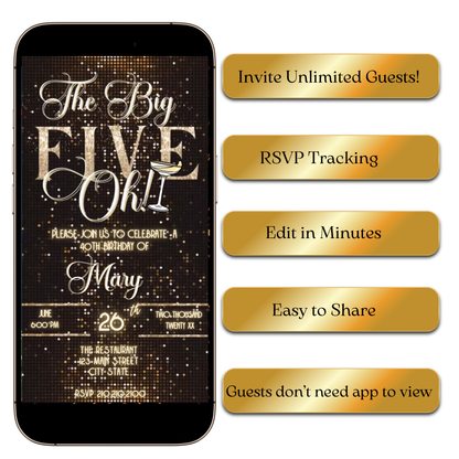 Digital The Big Five-Oh 50th Birthday Glam Video Invitation — Glitter Gold & Black MP4 Invite