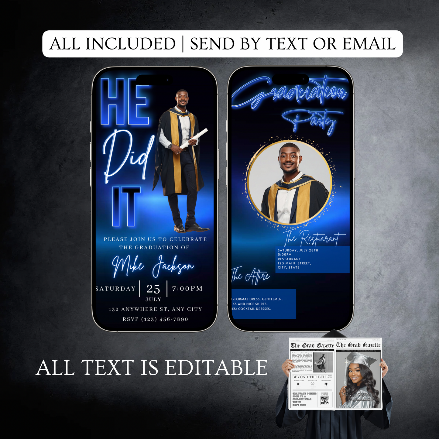 Videoeinladung zur Abschlussfeier | Königsblaues Design | Digitale Einladung zur Abschlussfeier | Online-Vorlage zum Bearbeiten