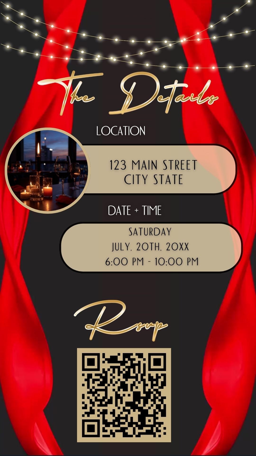 Editable red curtain 50th birthday party video invitation displayed on a mobile phone, featuring an animated vertical digital invite with music, created in Canva. This premium video invitation template is designed for sharing by text, email, and social media and works with an interactive RSVP website for easy guest response tracking.