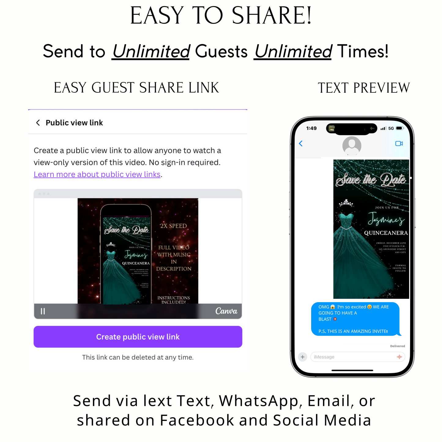 Teal Green Quinceanera Video Invite | Sweet 15 16 Quince RSVP Tracker | Editable Save the Date Canva Evite Template