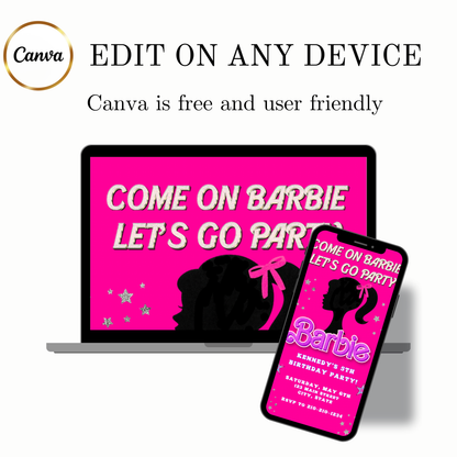 Editable Barbie Video Invitation | Animated Pink Barbie Digital Evite | Editable Canva Invite Template