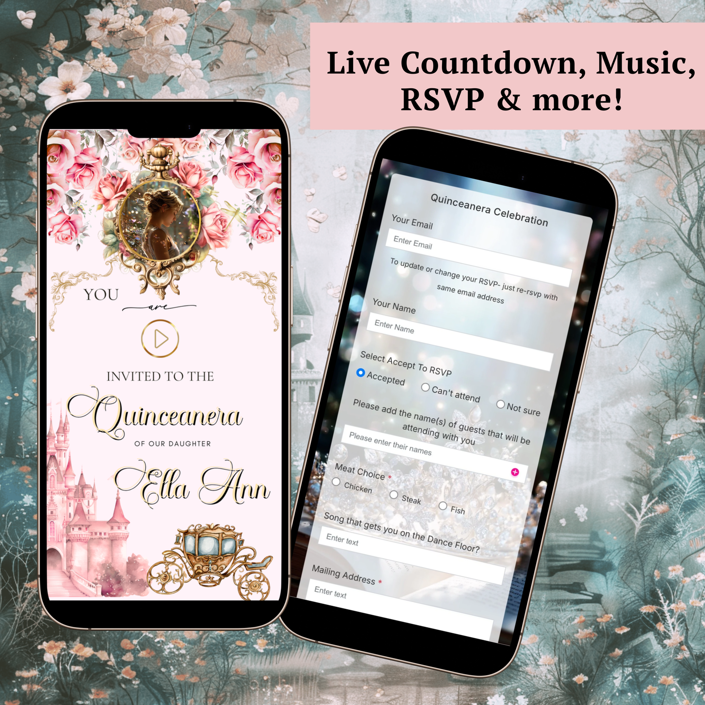 Quinceanera Video Invitation Website | Animated Sweet 15 Digital Evite | Editable Canva Invite Template