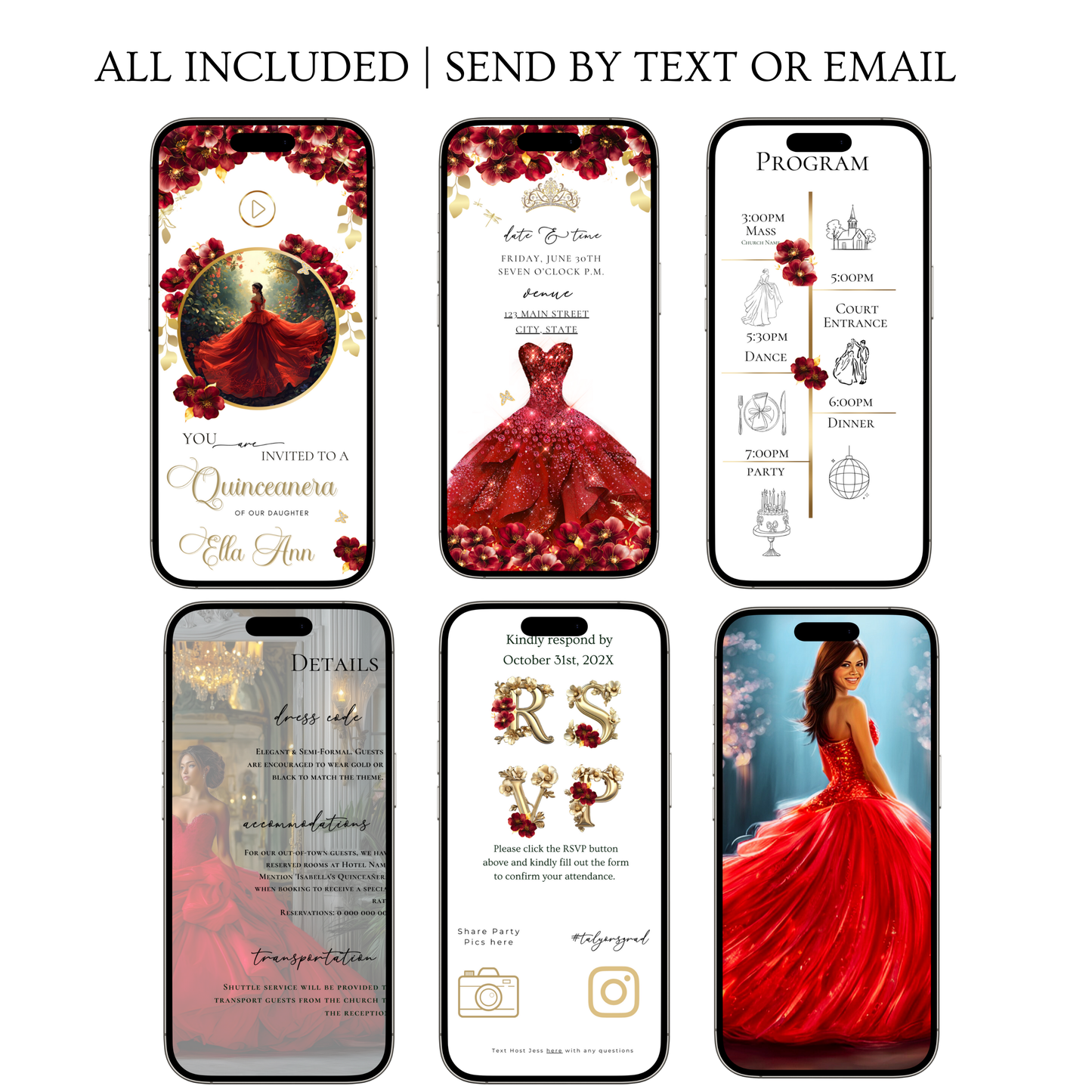 Red Quinceanera mini-Website RSVP tracker| Animated Sweet 15 16 Video Invitation | Canva Template