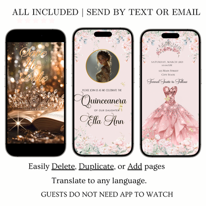 Pink Quinceanera Video Invite | Animated Sweet 15 Quince Invite | Editable Canva Evite Template