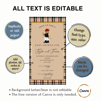 Polo Bear Baby Shower Video Invitation | Digital Burberry Plaid Invite | Editable Canva Template