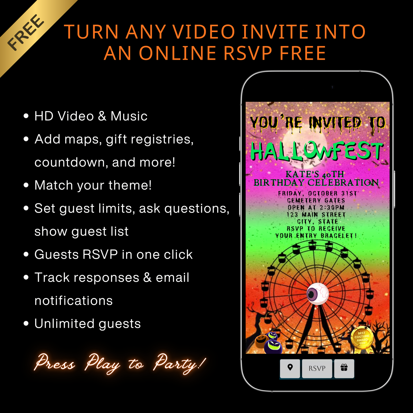 Halloween Video Invitation, Hallow Festival Animated Invite, Editable Halloween Party Mobile Evite