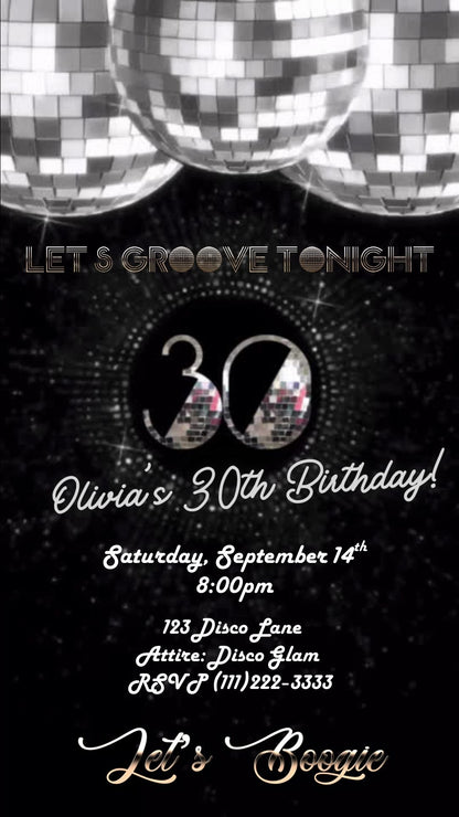 Editable silver disco 30th birthday video invitation displayed on a mobile phone, featuring an animated vertical digital invite with music, created in Canva. This premium video invitation template is designed for sharing by text, email, and social media and works with an interactive RSVP website for easy guest response tracking.