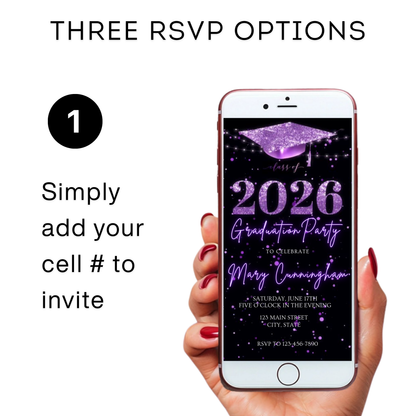 Purple Graduation Party Video Invitation | Class of 2026 Photo Invite | Editable Online RSVP Evite Canva Template
