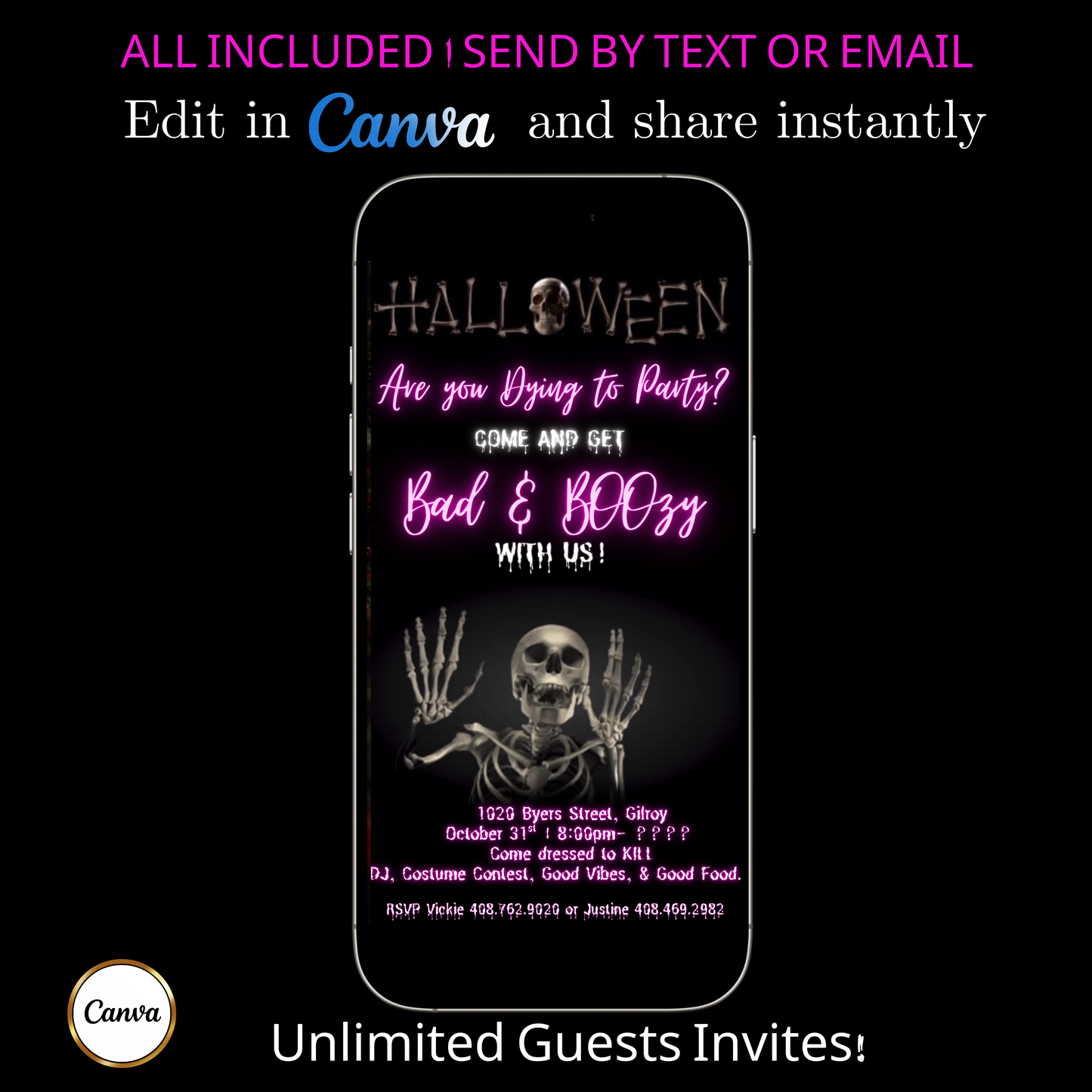 Halloween Video Invitation | Skeleton Animated Invite | Editable Halloween Bad and boozy Mobile Evite
