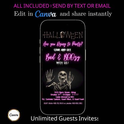 Halloween Video Invitation | Skeleton Animated Invite | Editable Halloween Bad and boozy Mobile Evite