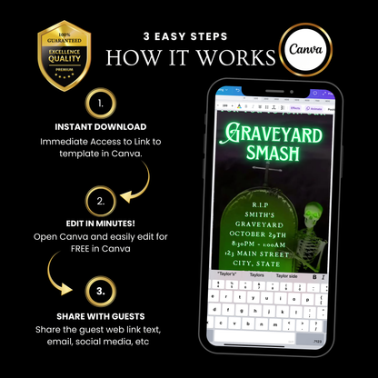 Halloween-Videoeinladung, animierte Einladung zur Friedhofs-Party, bearbeitbare mobile Einladung zur Halloween-Party