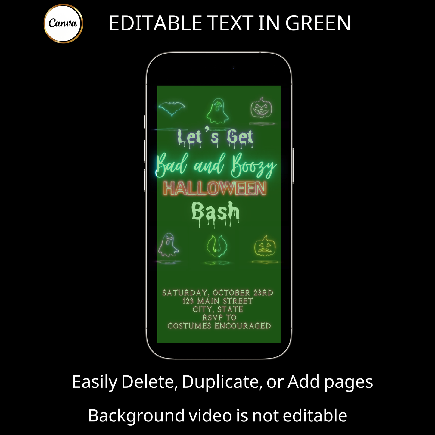 Halloween-Videoeinladung, animierte Neon-Halloween-Einladung, bearbeitbare mobile Halloween-Party-Einladung