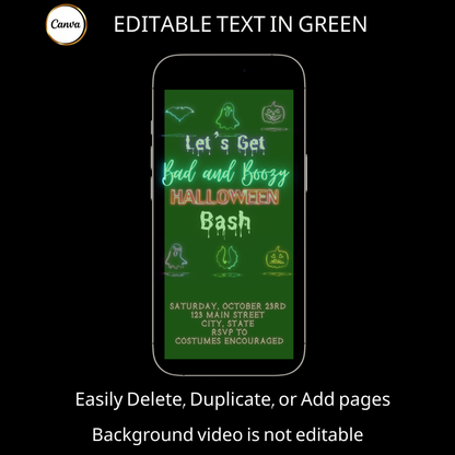 Halloween-Videoeinladung, animierte Neon-Halloween-Einladung, bearbeitbare mobile Halloween-Party-Einladung