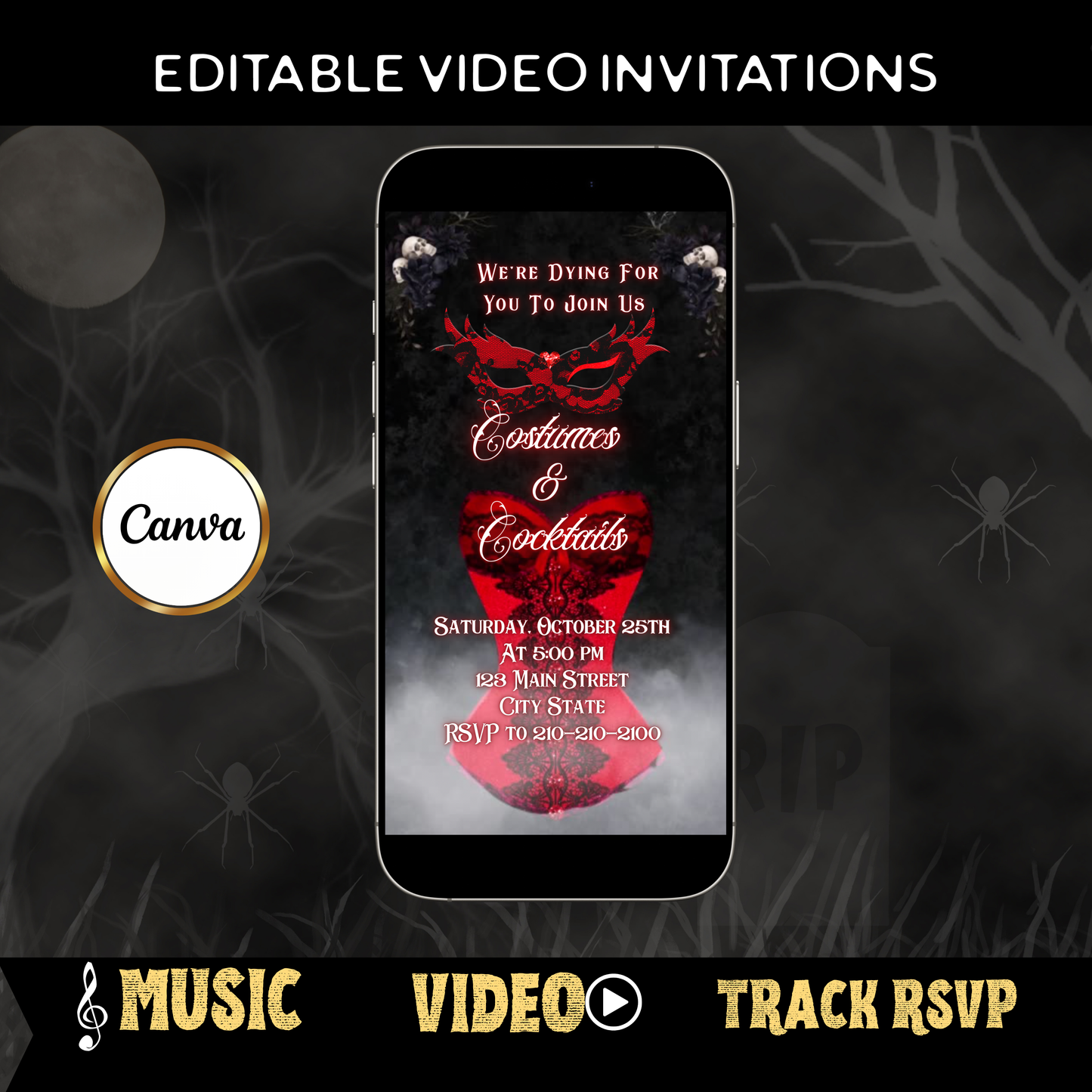 Halloween Video Invitation, Sexy Masquerade Animated Invite, Editable Halloween Party Mobile Evite