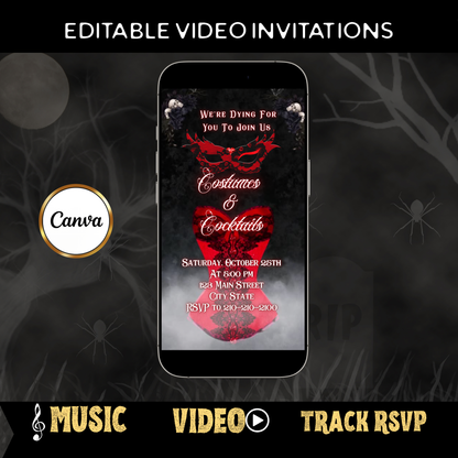 Halloween Video Invitation, Sexy Masquerade Animated Invite, Editable Halloween Party Mobile Evite