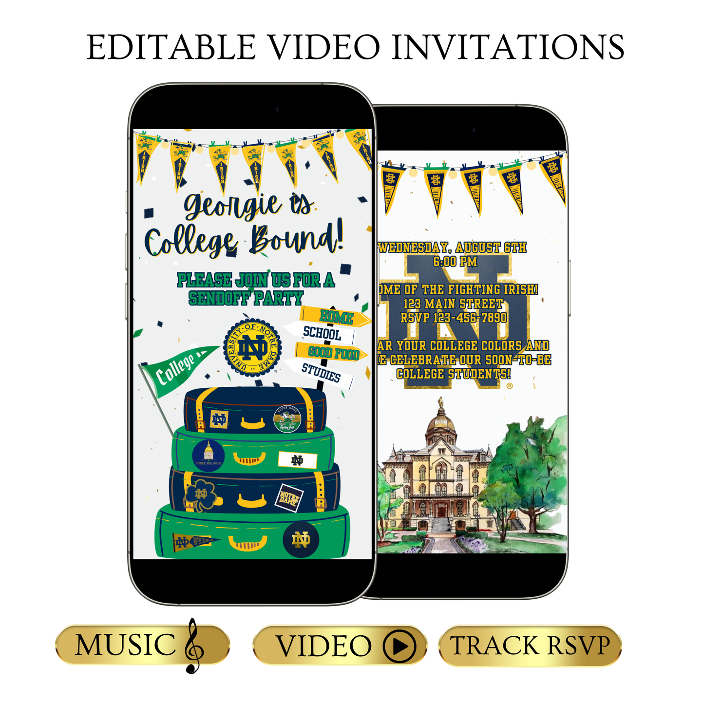 Bearbeitbare Videoeinladung zum Abschied vom Notre Dame College | Fighting Irish Party | E-Einladung zur Abschlussfeier der University of Notre Dame