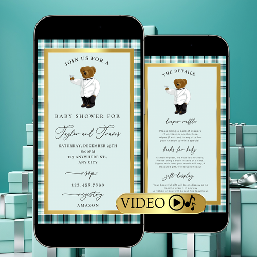 Polo Bear Baby Shower Video Invitation | Digital Tiffany Blue Plaid Invite | Editable Canva Template