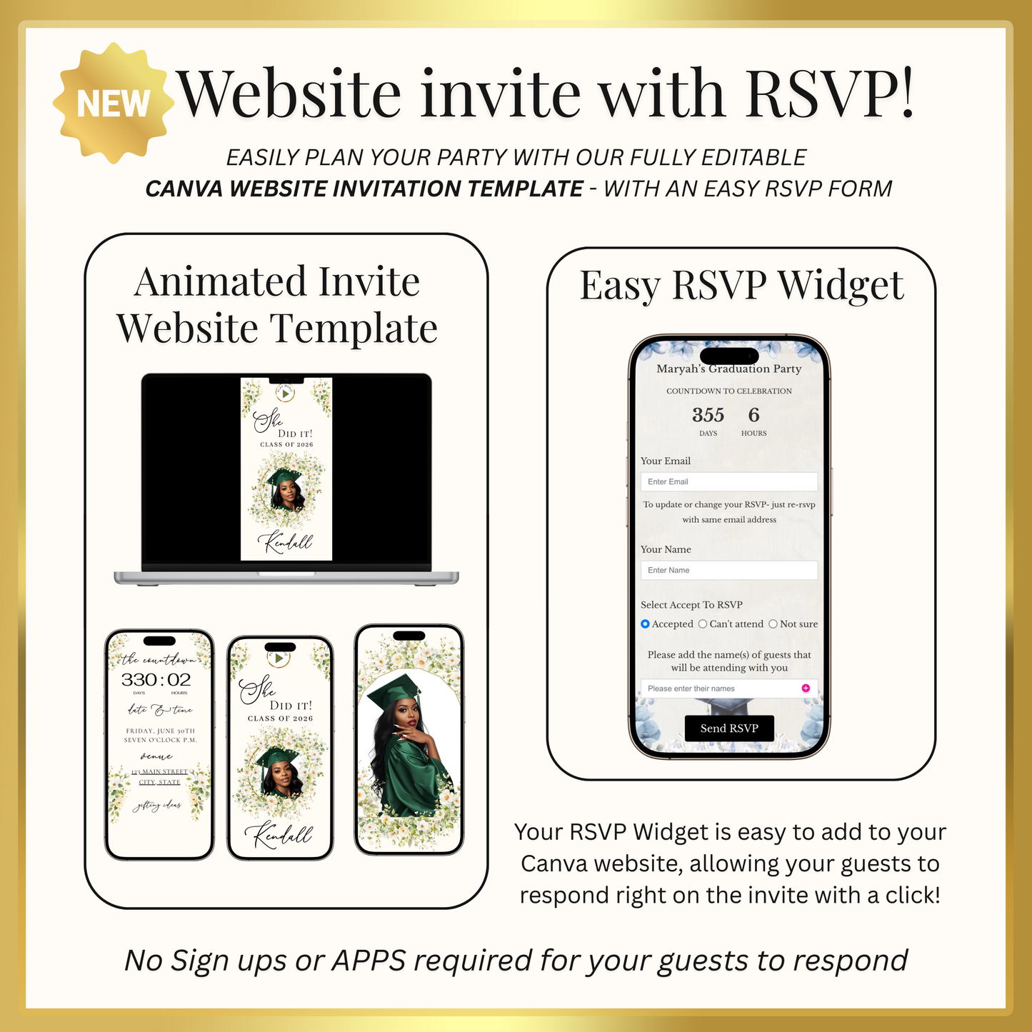 2026 Graduation Website Invitation | Canva Website RSVP Template with Music | Spring Floral for her