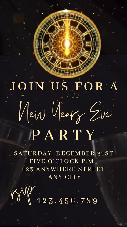 Online editable gold glitter clock video party invite