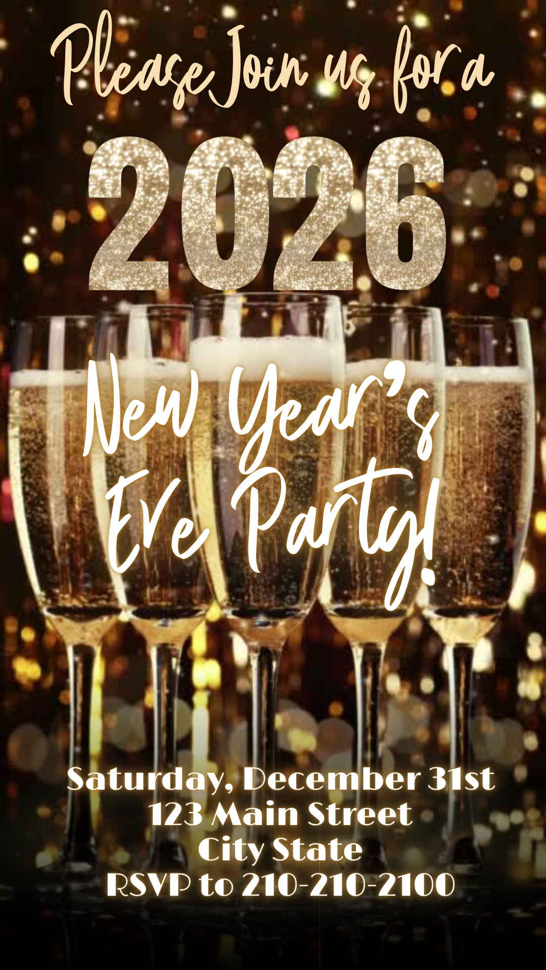 Online editable 2026 champagne glitter video party invite