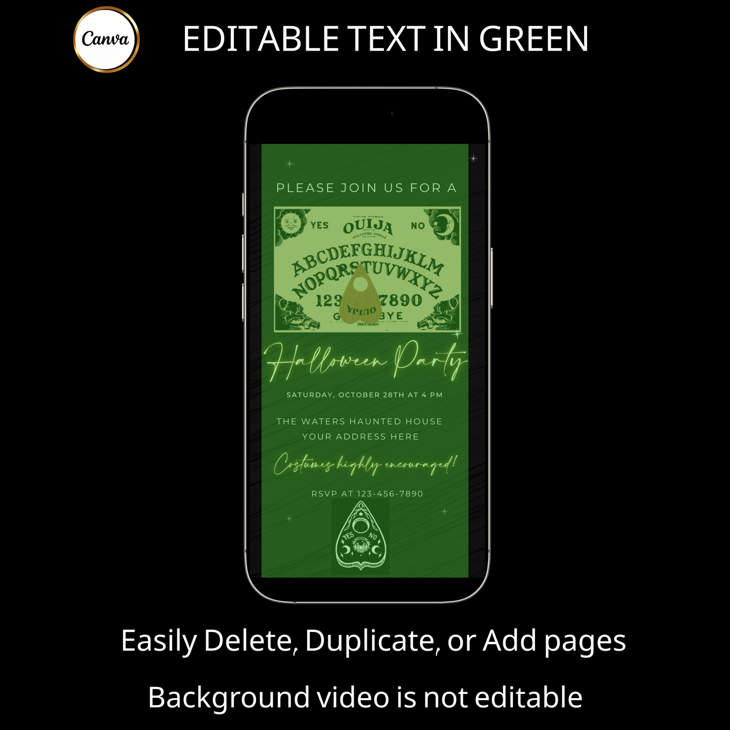 Halloween-Videoeinladung, animierte Einladung mit Ouija-Brett, bearbeitbare mobile Einladung zur Halloween-Party