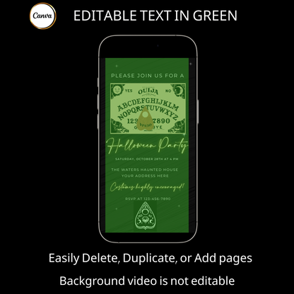 Halloween-Videoeinladung, animierte Einladung mit Ouija-Brett, bearbeitbare mobile Einladung zur Halloween-Party